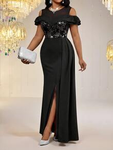 Fleurora Black Plus Size Women's Patchwork Floral Sequin Off-Shoulder Ruffle Elegant Goth Formal Dress Summer Special Occasions Cocktail Dinner Evening Wedding - Black - View 5