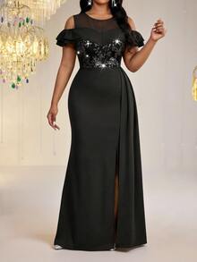 Fleurora Black Plus Size Women's Patchwork Floral Sequin Off-Shoulder Ruffle Elegant Goth Formal Dress Summer Special Occasions Cocktail Dinner Evening Wedding - Black - View 4