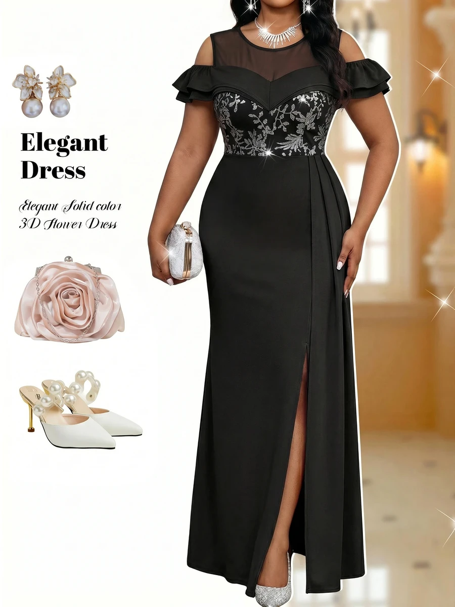 Fleurora Black Plus Size Women's Patchwork Floral Sequin Off-Shoulder Ruffle Elegant Goth Formal Dress Summer Special Occasions Cocktail Dinner Evening Wedding