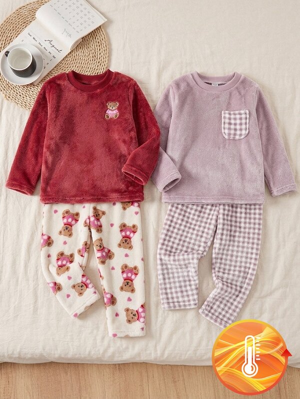 Autumn/Winter Girls Toddler Heart & Bear Embroidered Flannel Water Print Long Sleeve Top And Pants Fleece Loungewear Set, Comfortable Fabric, Best Back-To-School Gift For Young Girl