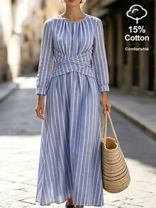 SHEIN Elegantes Damen-Kleid im Küstenstil, lässig, französisch gestreift, blau-weiß vertikal gestreift, mit langen Ärmeln und tailliertem Criss-Cross-Bund - Blau - Übersicht 4