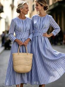 SHEIN Elegantes Damen-Kleid im Küstenstil, lässig, französisch gestreift, blau-weiß vertikal gestreift, mit langen Ärmeln und tailliertem Criss-Cross-Bund - Blau - Übersicht 6