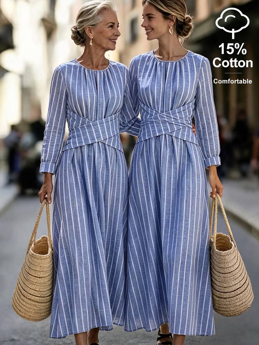SHEIN Elegantes Damen-Kleid im Küstenstil, lässig, französisch gestreift, blau-weiß vertikal gestreift, mit langen Ärmeln und tailliertem Criss-Cross-Bund - Blau - Übersicht 1
