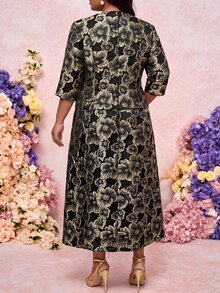 Fleurora 大码女式提花七分袖开襟外套和吊带连衣裙优雅套装 - 黑色 - 查看 2