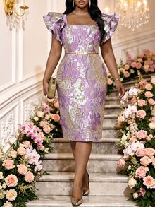 Fleurora Lavender Jacquard Ruffle Trim Plus Size Dress Formal Wedding Guest Summer Elegant - Purple - View 6