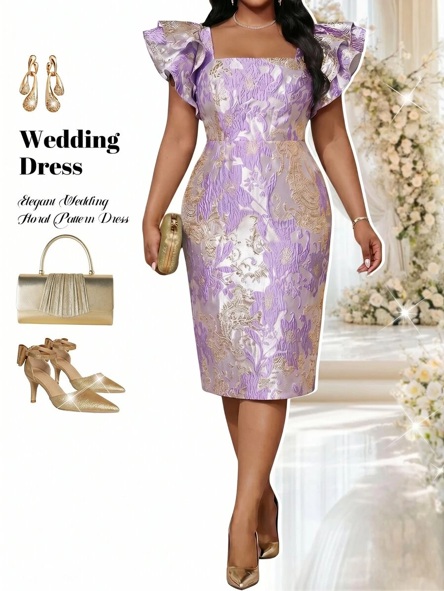Fleurora Lavender Jacquard Ruffle Trim Plus Size Dress Formal Wedding Guest Summer Elegant