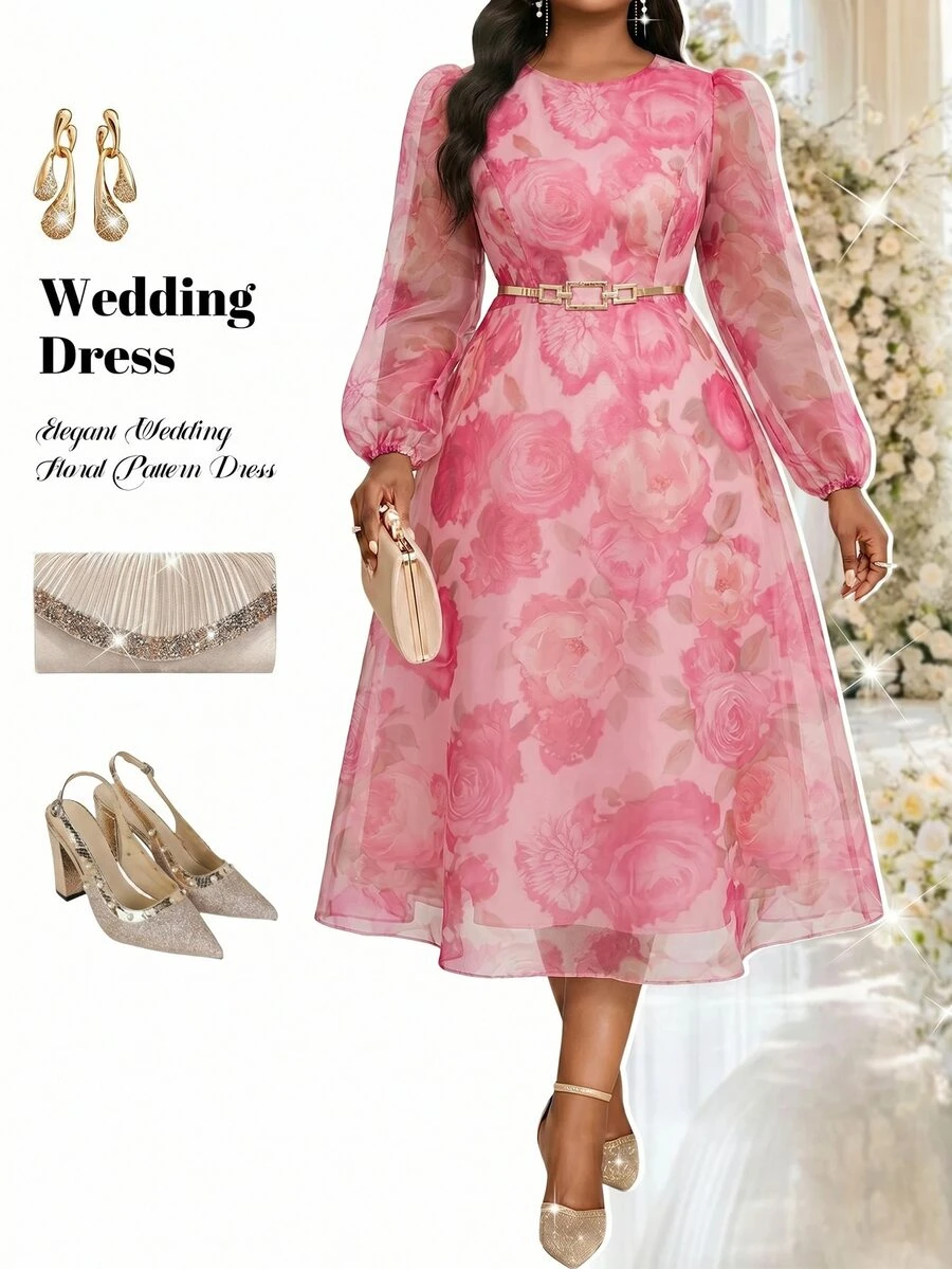 Fleurora Plus Size Women's Floral Print Round Neck Lantern Sleeve Elegant Dress For Pink Floral Vacation Outfits Wedding Guest Evening Tea Party Autumn Fall - Pink - View 1