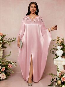Fleurora Vestido elegante de encaje y parches para fiesta, talla grande, color rosa - Rosa - Ver 3