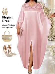 Fleurora Vestido elegante de encaje y parches para fiesta, talla grande, color rosa - Rosa - Ver 1