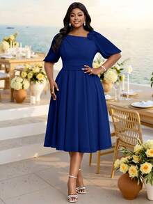 Fleurora Classy Royal Blue Women's Midi Dress With Ruched Bodice And A-Line Skirt Perfect For Evening Formal Wedding Cocktail Events Summer Elegant Frenchy - Teal Blue - View 5