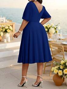 Fleurora Classy Royal Blue Women's Midi Dress With Ruched Bodice And A-Line Skirt Perfect For Evening Formal Wedding Cocktail Events Summer Elegant Frenchy - Teal Blue - View 2
