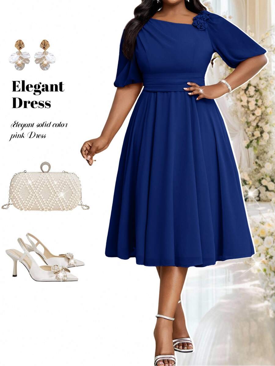 Fleurora Classy Royal Blue Women's Midi Dress With Ruched Bodice And A-Line Skirt Perfect For Evening Formal Wedding Cocktail Events Summer Elegant Frenchy - Teal Blue - View 1