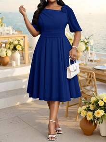 Fleurora Classy Royal Blue Women's Midi Dress With Ruched Bodice And A-Line Skirt Perfect For Evening Formal Wedding Cocktail Events Summer Elegant Frenchy - Teal Blue - View 4