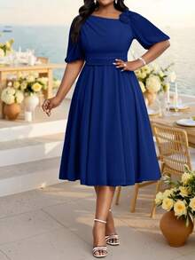 Fleurora Classy Royal Blue Women's Midi Dress With Ruched Bodice And A-Line Skirt Perfect For Evening Formal Wedding Cocktail Events Summer Elegant Frenchy - Teal Blue - View 6
