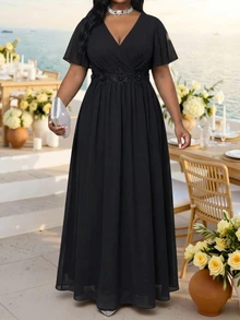 Fleurora Plus Size Women's Solid Color V-Neck Short Sleeve 3D Flower Decor Elegant Dress Wedding Black Summer - Black - View 6