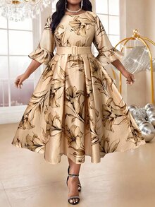 Fleurora 春夏秋冬优雅派对婚礼酒会圣诞节粉色系带喇叭袖A字连衣裙加大码套装 - 香檳色 - 查看 5