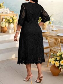 Fleurora Elegant Plus Size Black Lace Midi Dress For Women Formal Wedding Special Occasion Wear Autumn - Black - View 2