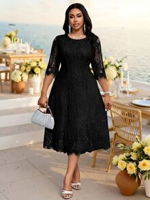 Fleurora Elegant Plus Size Black Lace Midi Dress For Women Formal Wedding Special Occasion Wear Autumn - Black - View 4
