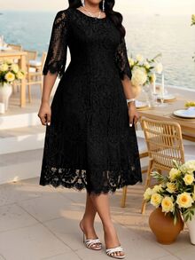 Fleurora Elegant Plus Size Black Lace Midi Dress For Women Formal Wedding Special Occasion Wear Autumn - Black - View 3