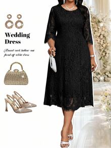 Fleurora Elegant Plus Size Black Lace Midi Dress For Women Formal Wedding Special Occasion Wear Autumn - Black - View 1