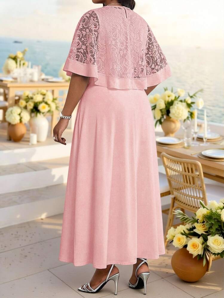 Fleurora Plus Size Blush Pink Summer Elegant Formal Wedding Ninang Women's Set,Solid Color Round Neck Sheer Blouse & Sleeveless Dress 2-Piece Outfits - Pink - View 3