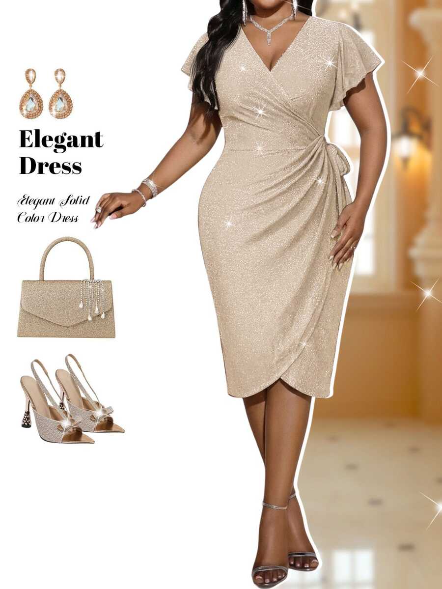 Fleurora Elegant Sexy Apricot Gold Glitter V Neck Wrap Ruched Midi Dress For Women Formal Cocktail Occasions Evening Parties Wedding Summer - Apricot - View 1