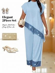 Fleurora 女款大尺碼淺藍色兩件式居家服套裝，亮片裝飾短袖上衣搭配寬腿長褲，適合節慶穿搭、婚禮賓客、正式派對與夏季 - 淺藍色 - 查看 1