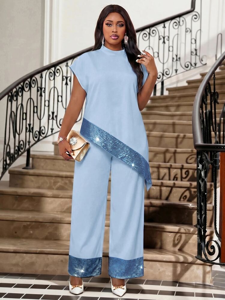 Fleurora Women's Plus Size Light Blue Two Piece Loungewear Set Sequin Detail Short Sleeve Top Wide Leg Pants Festival Outfits Wedding Guest Formal Party Summer - Baby Blue - View 5