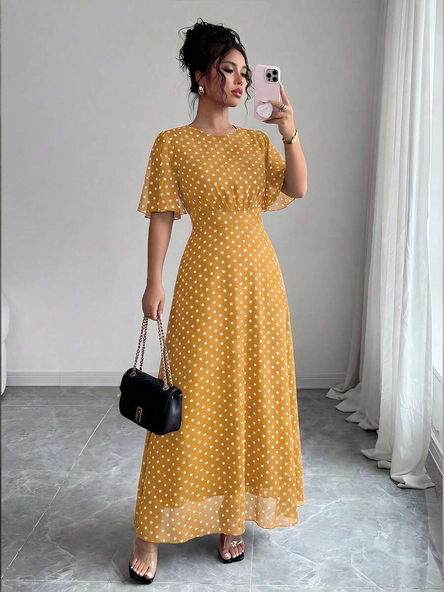 Modelyn 女款優雅春夏圓領荷葉邊喇叭袖修身垂墜雪紡洋裝