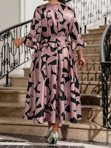 Fleurora Plus Size Women's Elegant Floral Print Ruffle Sleeve Rhinestone Buckle Belted Dress,Autumn Pink Formal Banquets Party Tea Party Business Casual Robe - Multicolor - View 2