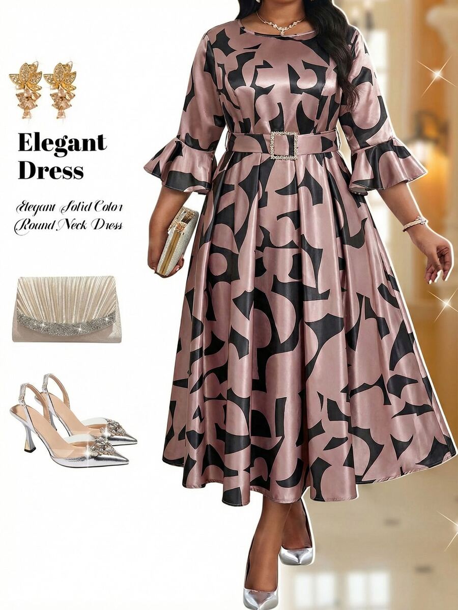 Fleurora Plus Size Women's Elegant Floral Print Ruffle Sleeve Rhinestone Buckle Belted Dress,Autumn Pink Formal Banquets Party Tea Party Business Casual Robe - Multicolor - View 1