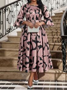 Fleurora Plus Size Women's Elegant Floral Print Ruffle Sleeve Rhinestone Buckle Belted Dress,Autumn Pink Formal Banquets Party Tea Party Business Casual Robe - Multicolor - View 6