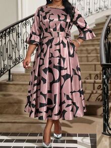 Fleurora Plus Size Women's Elegant Floral Print Ruffle Sleeve Rhinestone Buckle Belted Dress,Autumn Pink Formal Banquets Party Tea Party Business Casual Robe - Multicolor - View 4