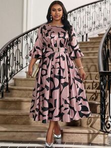 Fleurora Plus Size Women's Elegant Floral Print Ruffle Sleeve Rhinestone Buckle Belted Dress,Autumn Pink Formal Banquets Party Tea Party Business Casual Robe - Multicolor - View 5
