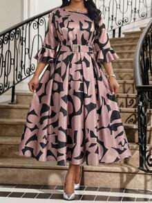 Fleurora Plus Size Women's Elegant Floral Print Ruffle Sleeve Rhinestone Buckle Belted Dress,Autumn Pink Formal Banquets Party Tea Party Business Casual Robe - Multicolor - View 3