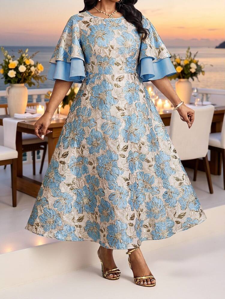 Fleurora Plus Size Women Elegant Party Long Dress Tea Dresses For Latest Style Wedding Reception Outfits High - Blue - View 4