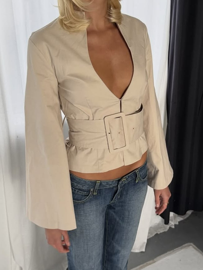 Aloruh Solid Button Front Belted Blouse Night Out Date Night Khaki Autumn Elegant
