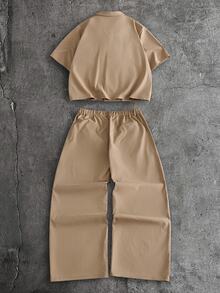 AXEPEAK Men's Solid Color Double Button Pocket Short Sleeve Shirt And Pants Set - Camel - View 2