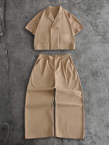 AXEPEAK Men's Solid Color Double Button Pocket Short Sleeve Shirt And Pants Set - Camel - View 12