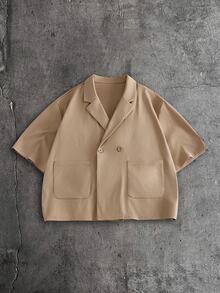 AXEPEAK Men's Solid Color Double Button Pocket Short Sleeve Shirt And Pants Set - Camel - View 3