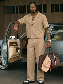 AXEPEAK Men's Solid Color Double Button Pocket Short Sleeve Shirt And Pants Set - Camel - View 13