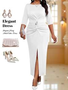 Fleurora Plus Size Women Elegant Party Dress,White Summer Boat Neck High Slit Ruched Fitted Midi Dress,Wedding Guest Dress For Formal Cocktail Church Events - White - View 1