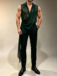 Manfinity Dauomo 男士夏季休閒度假透視性感時尚無袖背心上衣 - 墨綠色 - 查看 3