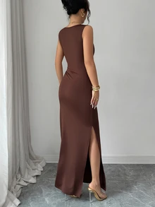 SHEIN Elenzya Summer New Elegant Asymmetric Design Ruched Cinched Waist Long Fitted Gold Decor Button Elegant Dress For Women - Brown - View 2