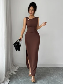 SHEIN Elenzya Summer New Elegant Asymmetric Design Ruched Cinched Waist Long Fitted Gold Decor Button Elegant Dress For Women - Brown - View 6