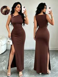 SHEIN Elenzya Summer New Elegant Asymmetric Design Ruched Cinched Waist Long Fitted Gold Decor Button Elegant Dress For Women - Brown - View 1