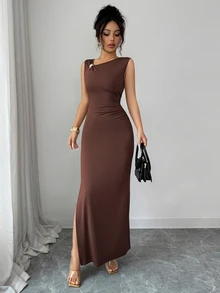 SHEIN Elenzya Summer New Elegant Asymmetric Design Ruched Cinched Waist Long Fitted Gold Decor Button Elegant Dress For Women - Brown - View 9