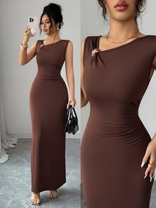 SHEIN Elenzya Summer New Elegant Asymmetric Design Ruched Cinched Waist Long Fitted Gold Decor Button Elegant Dress For Women - Brown - View 8