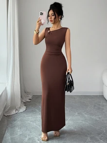 SHEIN Elenzya Summer New Elegant Asymmetric Design Ruched Cinched Waist Long Fitted Gold Decor Button Elegant Dress For Women - Brown - View 7