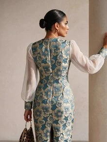 Xyvia Blue Floral Cut Out Front Contrast Mesh Lantern Sleeve Bodycon Dress Wedding Dinner Party Autumn Casual Elegant - Blue - View 2